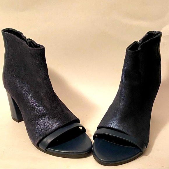 Finery London Open Toe Navy Wet Metallic Leather Booties Block High Heels 38/7.5 - Picture 3 of 9